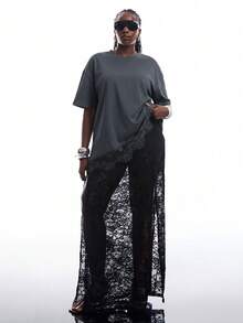 SHEIN EZwear 大码不对称下摆蕾丝宽松短袖T恤，夏季上衣，不对称蕾丝衬衫，女士大码T恤，深灰色 - 深灰色 - 查看 4