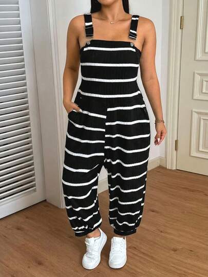 SHEIN EZwear מכנסי סינר צלעות אלסטיות בצבע שחור ולבן למידות גדולות