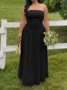 GalTyme Plus Size Summer Minimalist Solid Color Ruched Bandeau Dress - Black - View 1