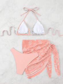 Swim Vcay Bộ bikini hai mảnh gợi cảm buộc dây cổ và quần tam giác dành cho nữ mùa hè đi biển, kèm váy ngắn. - Hồng - Xem 2