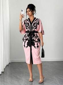 Elenzga Plus Size Women's Fashionable Elegant Batwing Sleeve V-Neck Open Front Bodycon Dress - Pink - View 1
