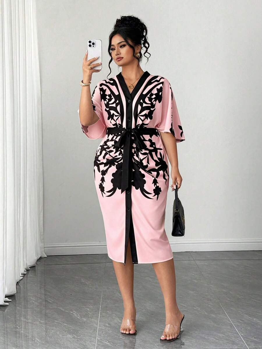 Elenzga Plus Size Women's Fashionable Elegant Batwing Sleeve V-Neck Open Front Bodycon Dress - Pink - View 1