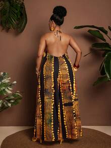 Maweii Mono sin mangas con cuello halter y estampado, adecuado para vacaciones y citas, talla grande - Dorado - Ver 6