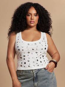 SHEIN BAE Plus Size Women's White Summer Night Rave Ribbed Tank Top,Sleeveless Square Neck Camisole With Silver Stud Rivet Details,Fashionable Chic Streetwear - White - View 5