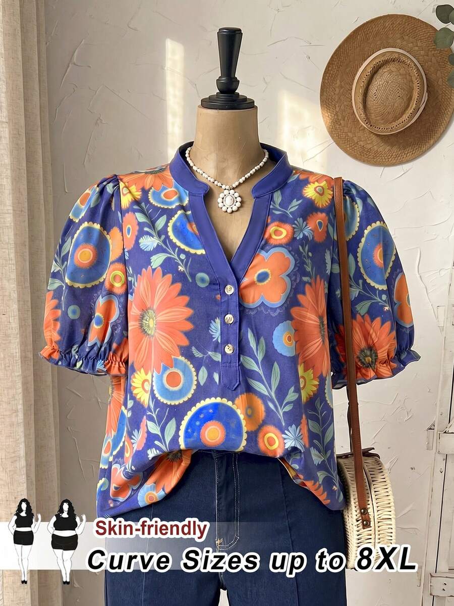 SHEIN CURVE+ 大码女式夏季休闲度假乡村宽松印花V领短袖衬衫上衣,适合夏季/花卉、夏季假期、春假、度假装扮、外出装扮、2026新款服装,简约时尚,日常穿着,休闲度假波西米亚风上衣,花卉衬衫,女士夏季衬衫,复古女式上衣,适合夏季、度假、通勤、日常穿着 - 紫色 - 查看 1