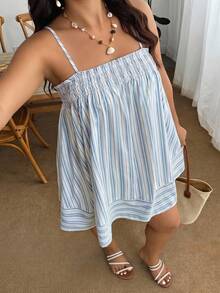 Enliva Plus Size Blue And White Striped Loose Fit Spaghetti Strap Dress With Pockets, For Apple And Rounded Body Shape - Blue and White - View 3