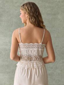 WESTFADE Mixed Lace Tiered Ruffle Sleeveless Tank Top Cami - Khaki - View 2