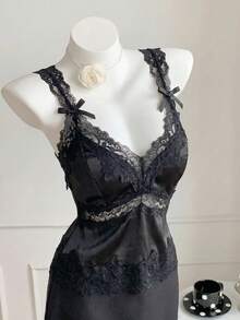 Comfortcana 女士优雅黑色蕾丝拼接蝴蝶结装饰吊带背心，夏季服装，缎面蕾丝拼接，内置衬垫胸罩 - 黑色 - 查看 5