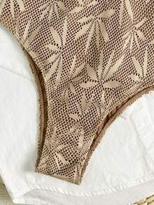 Swim Mod Spring/Summer Knit Jacquard Wireless Spaghetti Strap Backless High Cut One-Piece Swimsuit, Elegant Beach Holiday Style - Brown - View 7