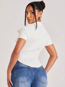 NYA SZN Top Short Sleeve Button Up Front Collared Vintage Retro Look Brunch Casual Everyday Bridal Shower Outfits For Women - White - View 2
