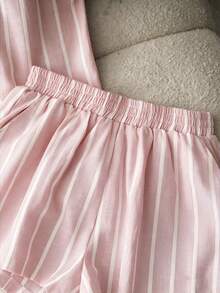 EMERY ROSE Conjunto de Praia de 2 Peças para Mulher, Camisa Solta de Manga Curta com Ombros Caídos e Calções de Cintura Elástica, 51% Algodão, Às Riscas Rosa e Branco, Verão, Casual, Férias e Feriados - Rosa - Ver 5