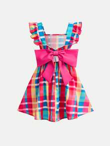 SHEIN Đầm ngắn tay màu đỏ dáng chữ A có nơ in họa tiết kẻ caro cho bé gái, thích hợp mặc đi nghỉ mát. - Đỏ - Xem 5