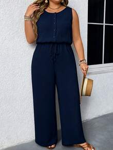 SHEIN Tall CURVE Plus Size Women Backless Patchwork Embroidered Collar Cinched Waist Long Wide Leg Jumpsuit - Navy Blue - View 3