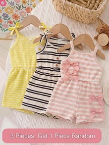 SHEIN Bộ quần yếm ngắn không tay, co giãn, thời trang cho bé gái, kẻ sọc, chất liệu vải gân, có nơ, màu hồng trơn, thích hợp cho mùa hè. - Hồng - Xem 1