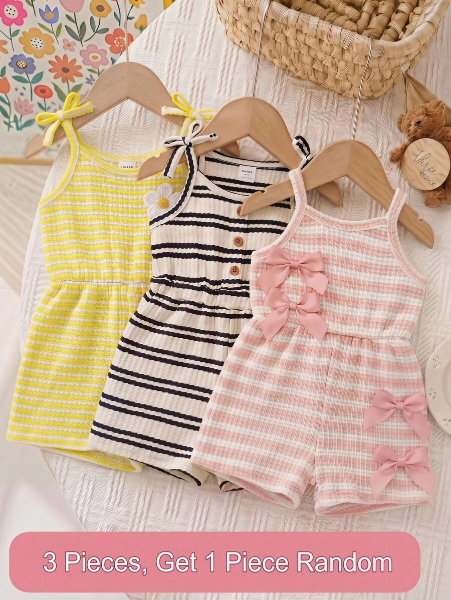 SHEIN Bộ quần yếm ngắn không tay, co giãn, thời trang cho bé gái, kẻ sọc, chất liệu vải gân, có nơ, màu hồng trơn, thích hợp cho mùa hè. - Hồng - Xem 1