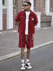 Devon Thys 2pcs Men's Star Print Zip Front Short Sleeve Shirt And Shorts Set With Contrast Trim Men's Co Ord Set Men's Red Short Set Men's Short Set Men's 2 Pieces Short Set Red Red Casual Men Set - Burgundy - View 5
