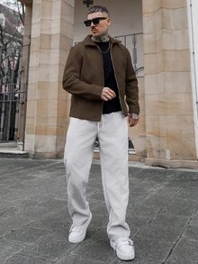 Artur Kramer 男士长袖纯色拉链休闲外套，秋冬摩卡色飞行员夹克，男士拉链外套，男士休闲短款外套，棕色外套 - 咖啡棕 - 查看 1