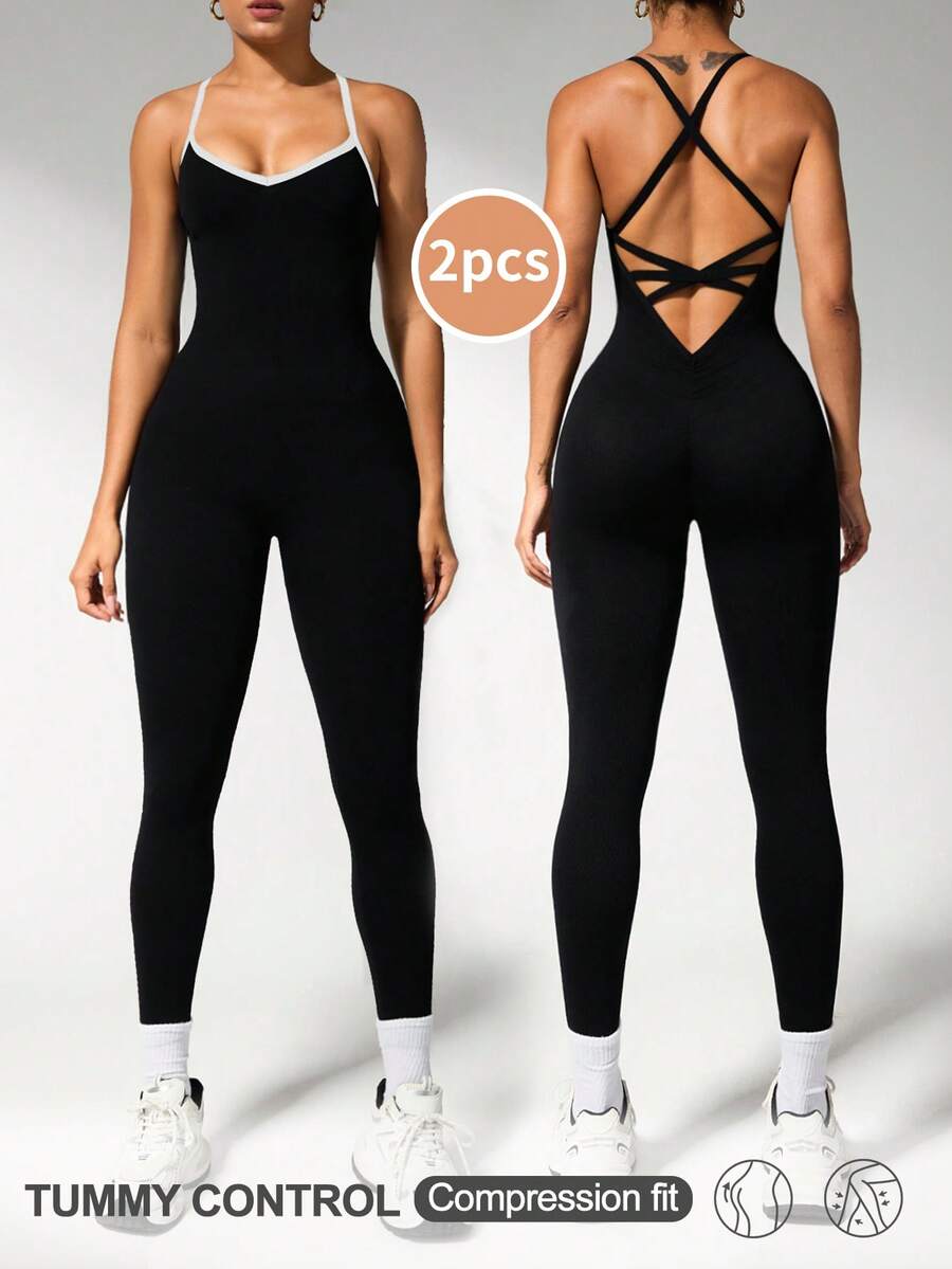 SHEIN Velisys Bộ 2 món thể thao nữ không đường may, gợi cảm, cổ chữ V sâu, lưng chéo, thích hợp cho tập yoga và thể dục. - Nhiều màu - Xem 1