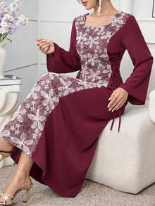 Yasmyna Gaun Musim Semi & Musim Panas Elegan dengan Leher Persegi, Kain Bordir Patchwork, dan Pinggang Ramping untuk Wanita - Burgundy - View 6
