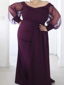 Pretty and Ole Plus Size Mesh Patchwork Off-Shoulder Party Dress - Purple - View 5