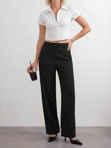 SHEIN ICON 女款休閒極簡黑色拉鍊開襟寬鬆直筒長褲，適合日常穿著、冬季女裝、老錢風、高腰、復古工裝風、商務休閒女裝、辦公室商務女裝長褲、小個子女裝商務休閒 - 黑色 - 查看 5