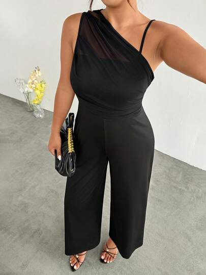 Firerie Plus Size Women's Solid Color Asymmetrical Shoulder Ruched Wide Leg Jumpsuit