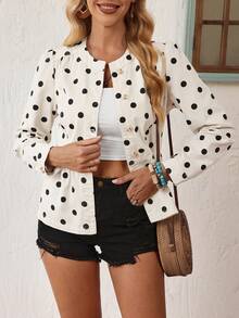 EMERY ROSE Women's Casual French Style Frenchy Vacation Commute Work Black White Polka Dot Polka Dot Print Single-Breasted Denim Jacket, Spring/Autumn - Beige - View 9