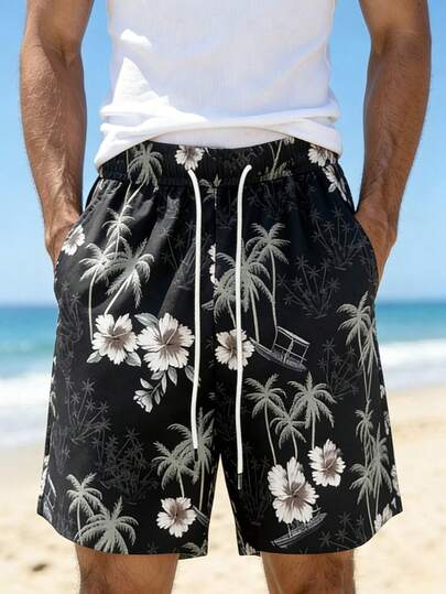 Airaco Men's Summer Casual Drawstring Waist Shorts, Hawaiian Resort Style, Lightweight Breathable Coconut Tree & Palm Tree All-Over Print