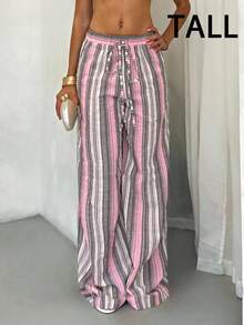SHEIN Tall 女款高腰粉色條紋亞麻寬腿褲，夏季波希米亞度假海灘休閒鄉村風，優雅花卉夏秋女裝，適合高個女性 - 彩色 - 查看 4