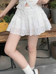 DAZY 刺绣提花面料褶皱迷你裙，性感少女夏季度假白色A字裙 - 白色 - 查看 6