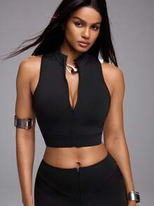 Innovista Letter Print Zipper Tight Backless Summer Sports Tank Top - Black - View 5