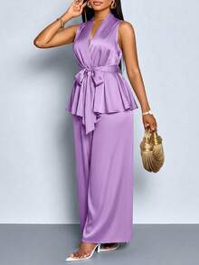 SOLERSUN 2pcs Women Plus Size Summer Solid Satin Sleeveless Knot Waist Top And Wide Leg Pants Set - Purple - View 2