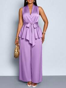 SOLERSUN 2pcs Women Plus Size Summer Solid Satin Sleeveless Knot Waist Top And Wide Leg Pants Set - Purple - View 4