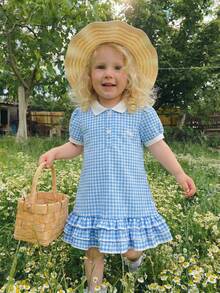 SHEIN Vintaside Kids 1 chiếc đầm ngắn tay kẻ caro cổ polo in hình cầu vồng dáng suông cho bé gái - Màu xanh lam - Xem 5