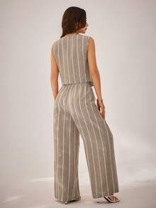 SHEIN PETITE Women's Beige Summer Casual Striped 2 Pieces Set,French Retro Sleeveless Button Front Tank Top And Wide-Leg Pants,Vacation Holiday Beach Party Outfit - Khaki - View 3