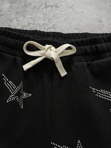 ROMWE MEN Pantalones cortos casuales con bolsillo en diagonal, decoración de diamante de imitación y cordón en la cintura para hombre, estilo urbano - Negro - Ver 4