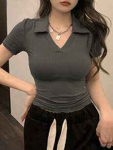 DAZY Women's Slim Fit Short Sleeve Polo Shirt, Solid Color Summer - Olive Green - View 6