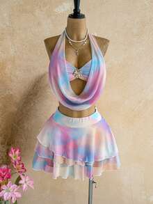 Soleia 女士日落渐变深V领花卉金属扣装饰吊带上衣+多层荷叶边迷你裙两件套，休闲假日海滩邮轮度假，适合音乐节、波西米亚风度假 - 彩色 - 查看 6