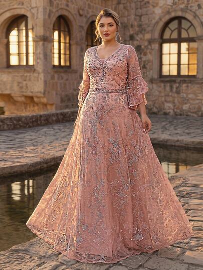 Aureia Plus Size Elegant Romantic Pink Embroidered Sequin A-Line Dress, Suitable For Celebrity Parties, Celebrations, Formal Events, Gala Formal Wear (Heavily Decorated Design)