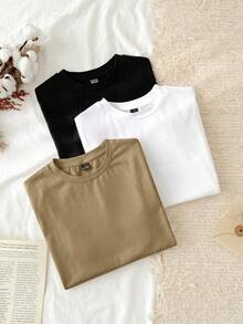 Set Of 3 Slim-Fit Long-Sleeved T-Shirts With Round Neck, 95% Cotton, Minimalist And Casual Style For Women - 多色 3 - 查看 4