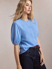 BizChic Áo sơ mi nữ màu xanh dương với tay áo phồng kiểu Pháp thanh lịch, chi tiết cổ áo viền ren, trang phục công sở mùa hè mới, trang phục trang trọng. - Màu xanh lam - Xem 6