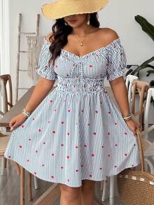 SHEIN VCAY Robe grande taille à épaules dénudées avec motif cœur, rayures bleu & blanc, coupe trapèze, robe mini romantique de plage, style bohème - Bleu azur - Voir 5