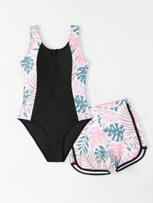 SHEIN Conjunto de 2 piezas de traje de baño para niñas preadolescentes, traje de una pieza con estampado de plantas tropicales y cremallera frontal, con shorts de baño a juego - Multicolor - Ver 4