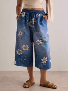 SHEIN VCAY Plus Size Women Casual Denim Effect Print Loose 3/4 Pants - Blue - View 1