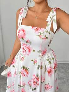 SHEIN Clasi Plus Size Women's Elegant French Rose Print Tie Strap Dress, Summer - White - View 8