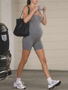 SHEIN Pregnant Women Solid Color Casual Everyday Maternity Sports Romper,Word Cup - Grey - View 1