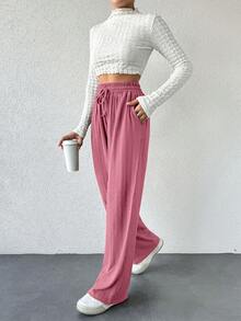 EURMUSE Elastic Waist Drawstring Design Wide-Leg Casual Pants For Women - Dusty Pink - View 4