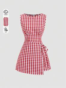 Sweetra Đầm mini kiểu retro kẻ caro đỏ cổ tròn, không tay, buộc dây, ôm sát, phong cách nữ tính ngọt ngào tinh tế, mẫu mới mùa hè. - Màu Đỏ Sâu - Xem 1