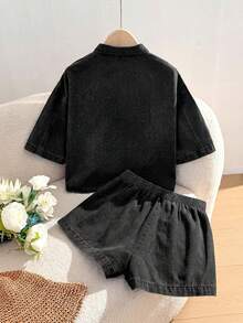 Comfortcana 女士水钻装饰单排扣衬衫和短裤休闲牛仔套装 - 黑色 - 查看 2