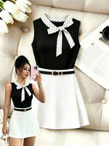 SHEIN Franclia 夏季白色波點工作高爾夫套裝，無袖高領上衣與純色迷你裙套裝，優雅性感女款辦公穿搭，適合茶會 - 黑與白 - 查看 3